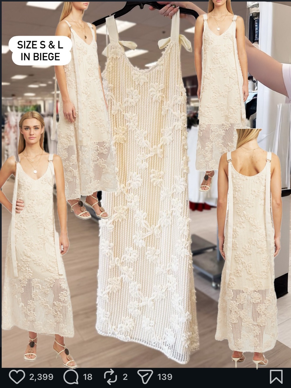 V-Neck Floral Appliqué Open Stitch En Saison Cream Tiered Maxi Dress Sleeveless